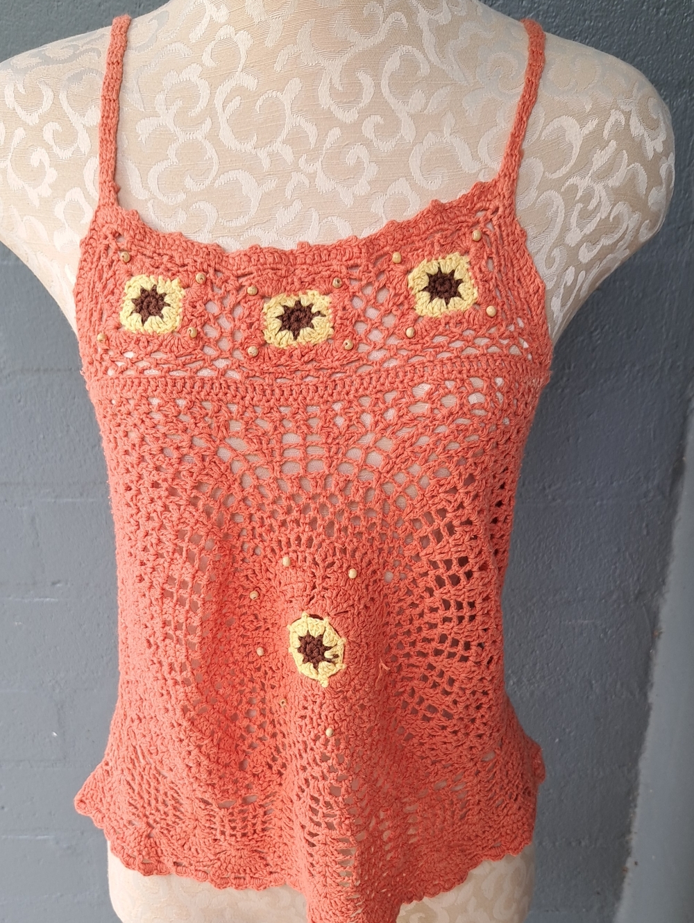 Coral Crochet Tank Top with Sunflower Accents Size S